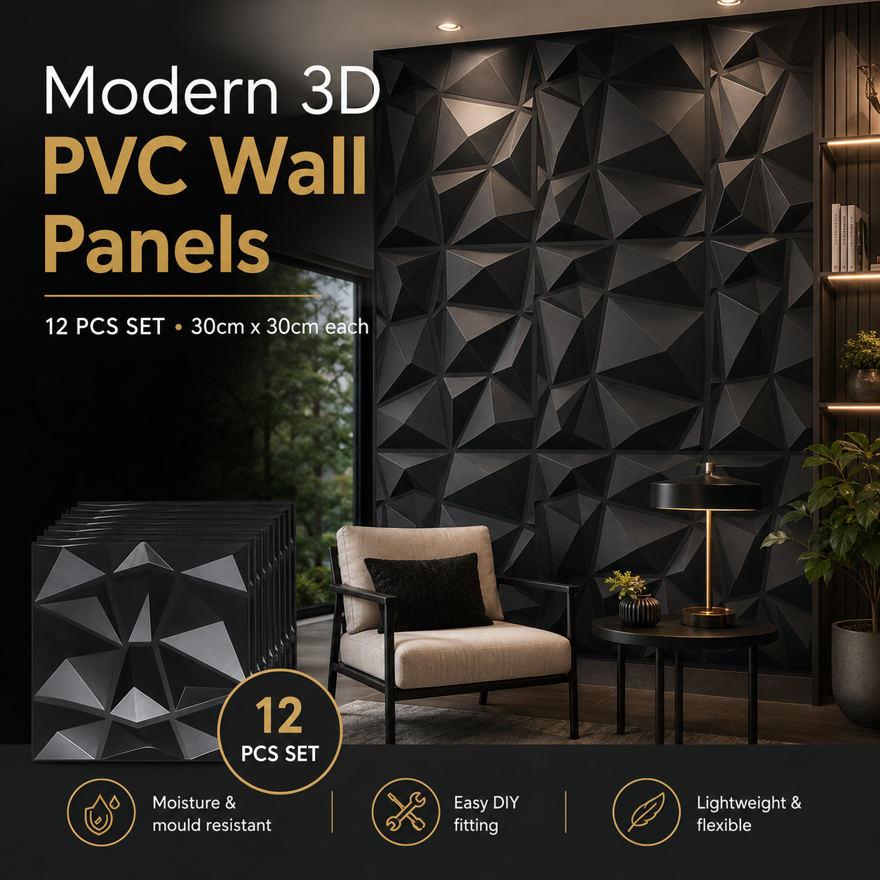 Modern 3D PVC Wall Panels – 12-Piece Decorative Set
