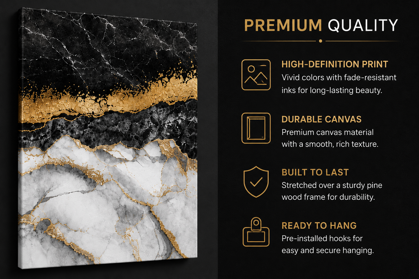 Black & Gold Marble Canvas Wall Art | Modern Luxury Abstract Wall Decor