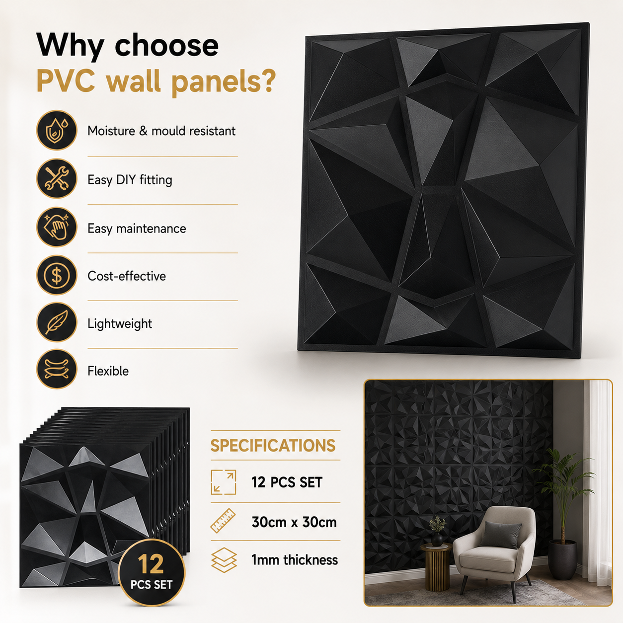 Modern 3D PVC Wall Panels – 12-Piece Decorative Set