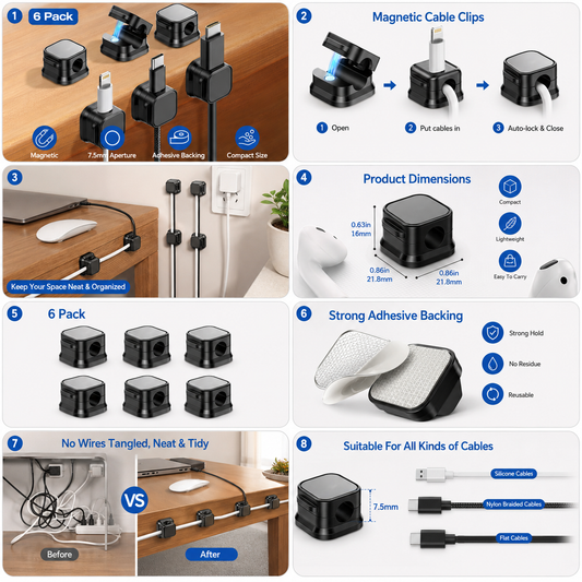 6-Pack Magnetic Cable Clips – Adhesive Cord Organizer