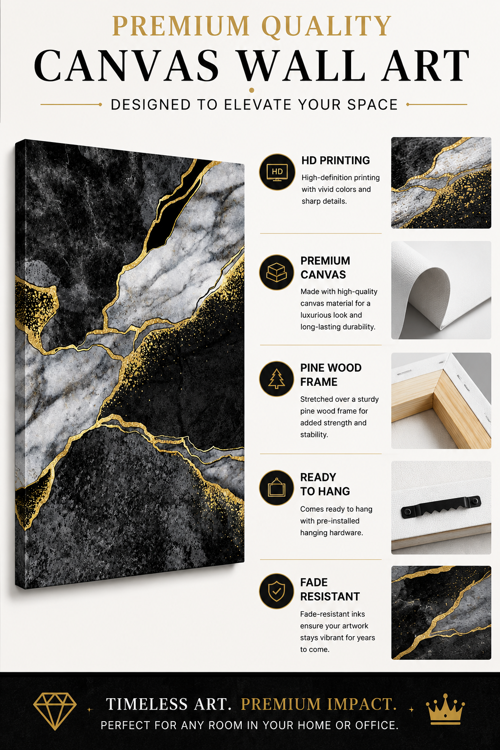 Black & Gold Marble Canvas Wall Art | Modern Luxury Abstract Wall Decor