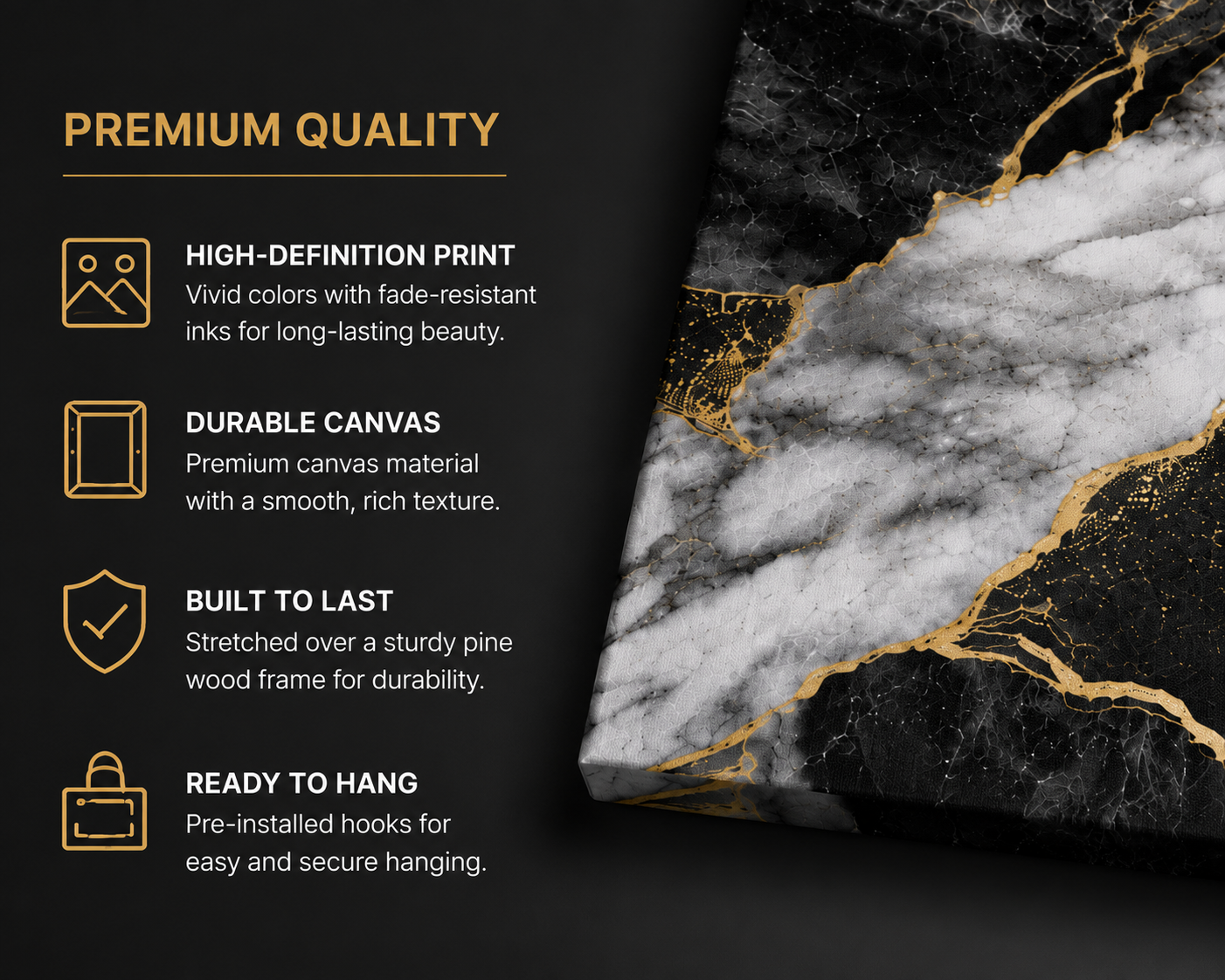 Black & Gold Marble Canvas Wall Art | Modern Luxury Abstract Wall Decor