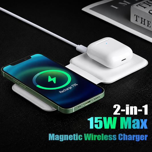 Foldable 2-in-1 Magnetic Wireless Charging Pad – 15W Fast Charging