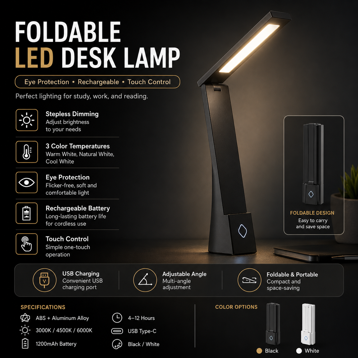 Foldable LED Desk Lamp with Touch Control