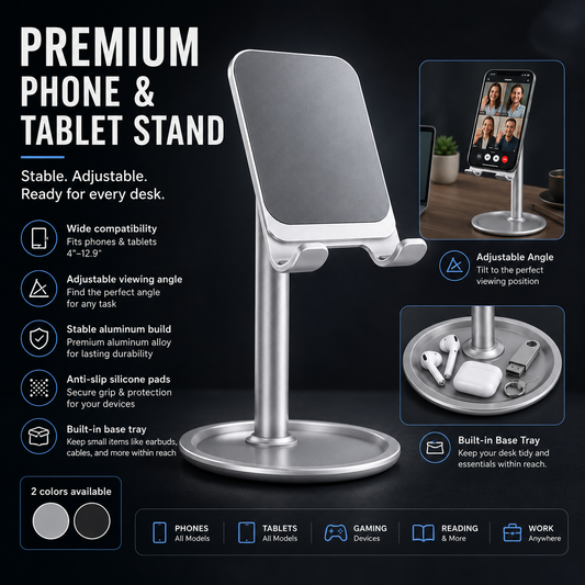 Premium Adjustable Phone & Tablet Stand – Foldable Aluminum Desk Holder for iPhone, iPad & Android